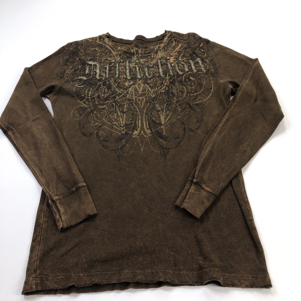 Affliction Large Waffle Knit Thermal Stressed Men's Long Sleeve Tee Shirt Brown
